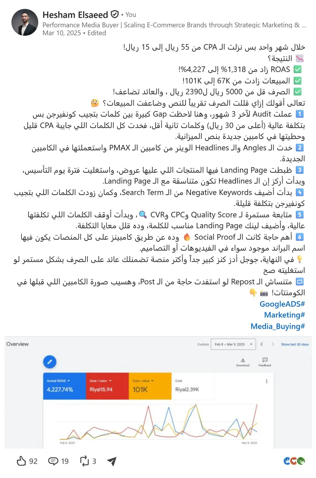 LinkedIn post preview: Cost per order from SAR 55 to SAR 15 in one month